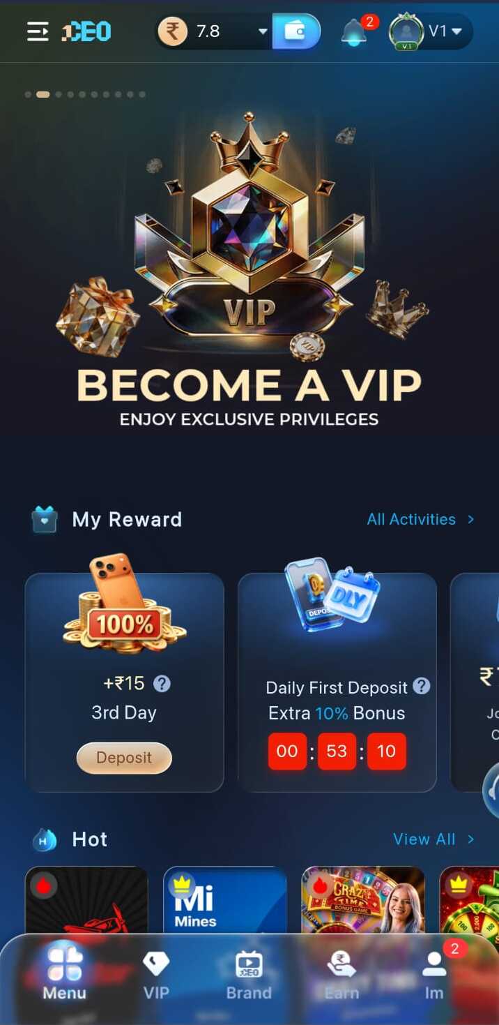 1CEO VIP rewards screen with exclusive privileges and activity cards