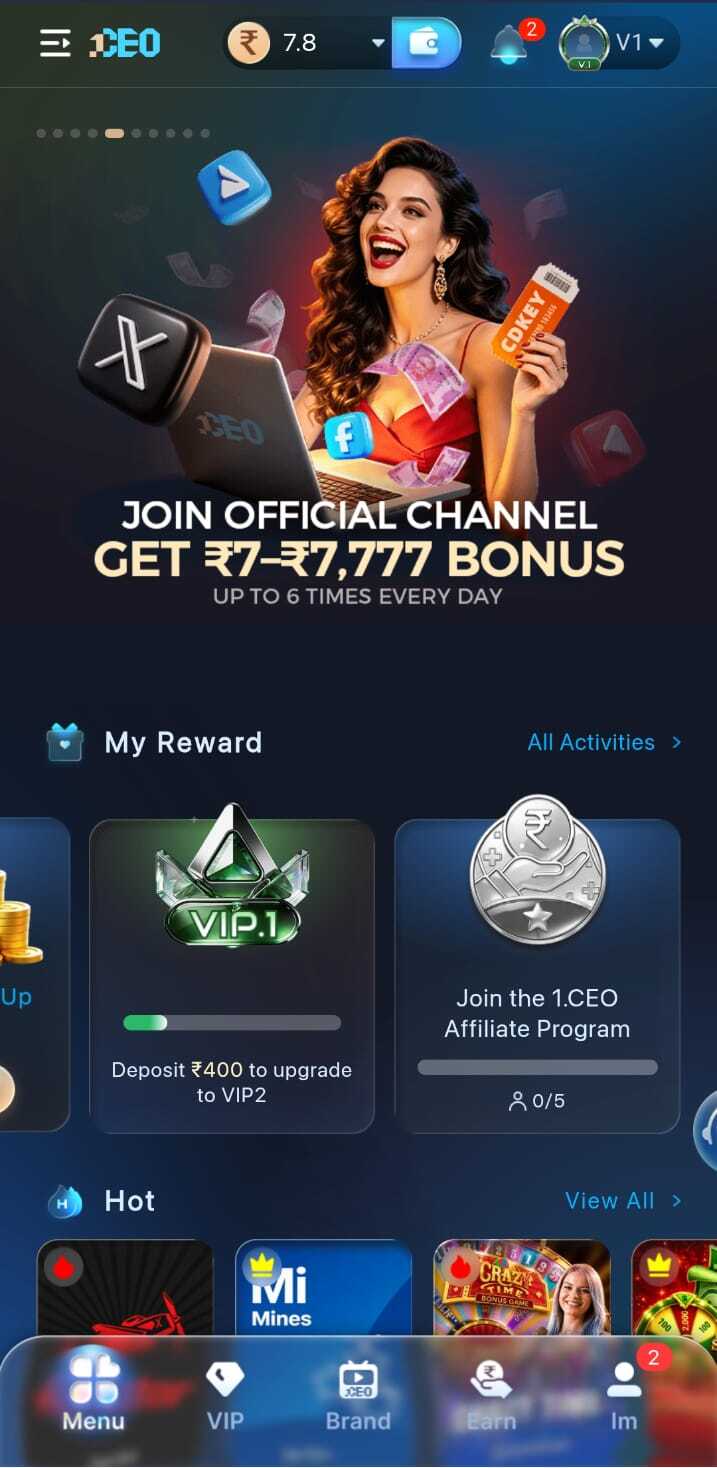1CEO official channel bonus screen with reward messaging