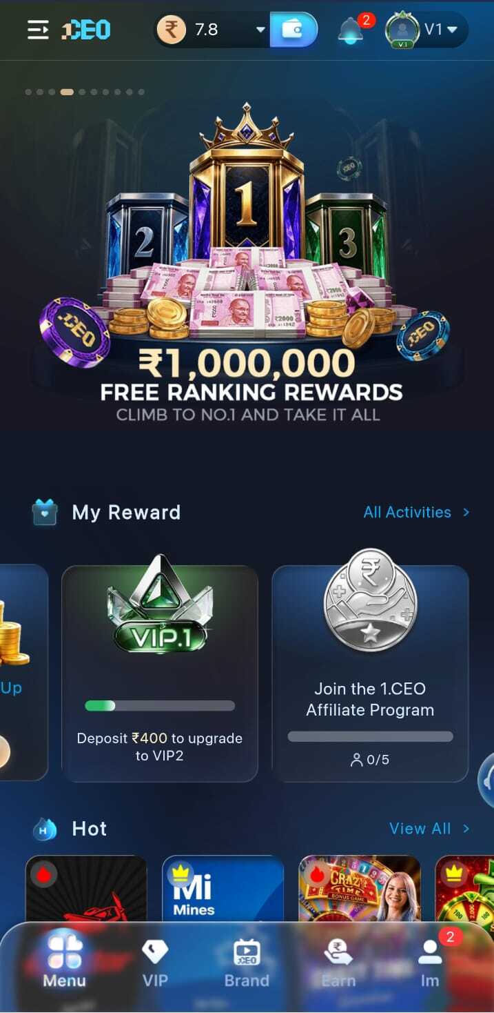 1CEO VIP rewards and bonus screen