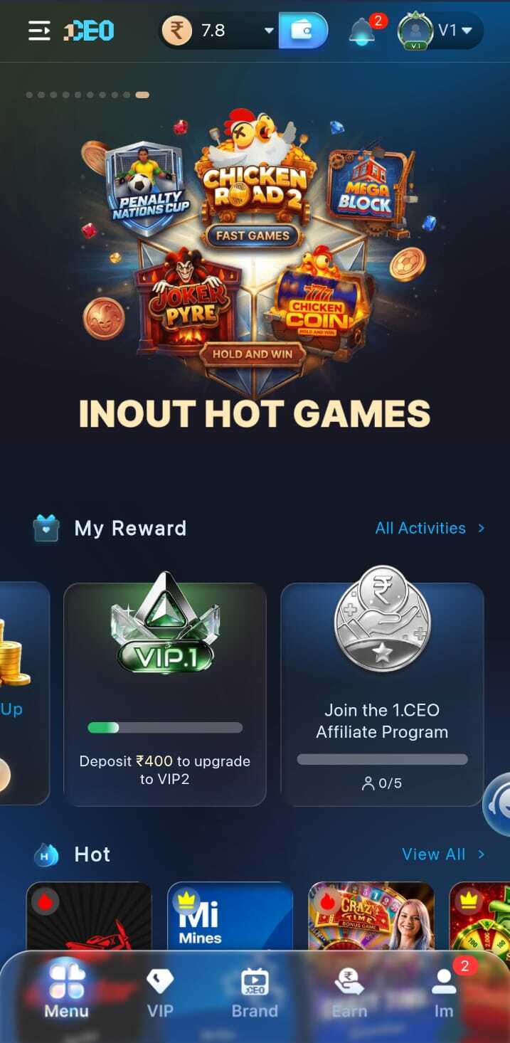 1CEO hot games promotion screen with reward cards